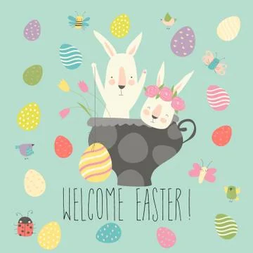 Cute cartoon bunny with Easter eggs and flowers Stock Illustration