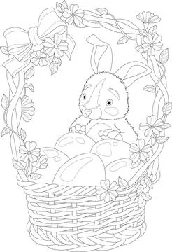 Cute cartoon bunny with Easter eggs in basket with flowers and bow sketch. Stock Illustration