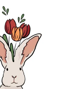 Cute cartoon bunny easter rabbit with tulips. Illustration of a cute rabbit, on  Stock Illustration