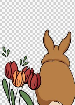 Cute cartoon bunny easter rabbit, tulips. isolate on a transparent background. Stock Illustration