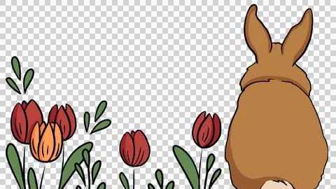 Cute cartoon bunny easter rabbit with tulips, isolate on a transparent backgroun Stock Illustration
