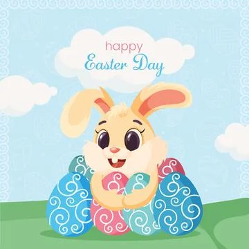 Cute Cartoon Bunny with Patterned Easter Eggs on Blue Sky Background - Happ.. 스톡 일러스트