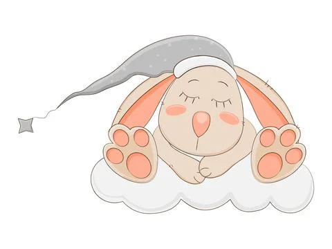 Cute cartoon bunny sleeping on cloud. Vector illustration. Stock Illustration