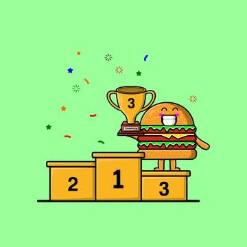 Cute cartoon Burger character as the third winner Illustrazione stock