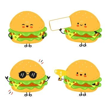Cute cartoon Burger characters with different expressions and props, perfect  Stock Illustration