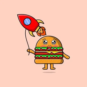 Cute cartoon Burger floating with rocket balloon 스톡 일러스트