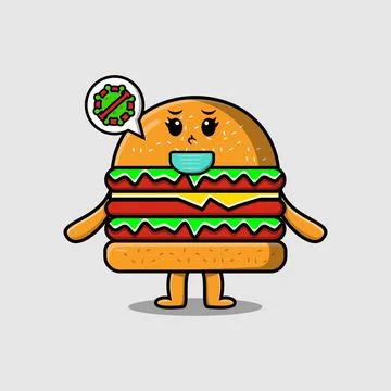 Cute cartoon Burger using mask to prevent virus Stock Illustration