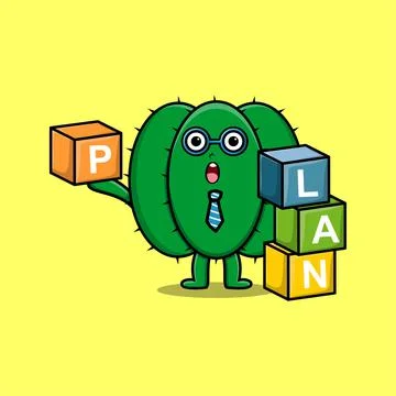 Cute cartoon cactus businessman stack plan box Stock Illustration