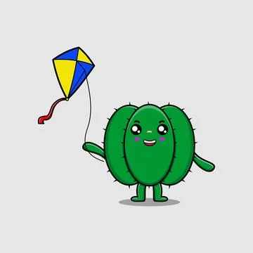 Cute cartoon Cactus character playing kite flaying 스톡 일러스트
