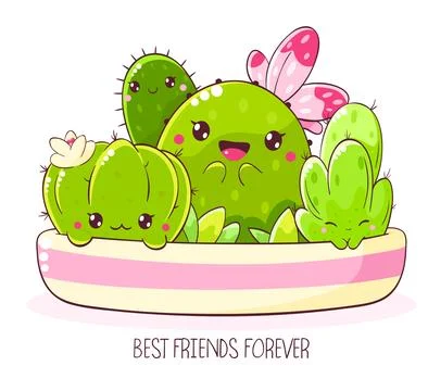 Cute cartoon cactus in flowerpot. Tiny cacti in kawaii style in flower pot... Stock Illustration