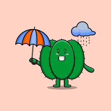 Cute cartoon Cactus in rain and using an umbrella Stockillustratie