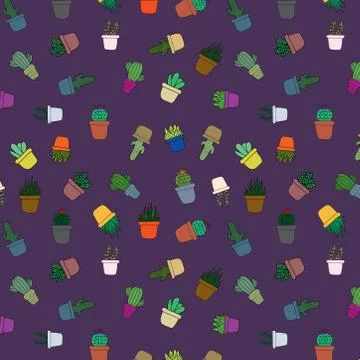 Cute cartoon cactus seamless pattern. beautiful small cacti in pots. colorful Stock Illustration