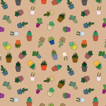 Cute cartoon cactus seamless pattern. beautiful small cacti in pots. colorful Stock Illustration