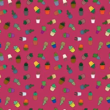 Cute cartoon cactus seamless pattern. beautiful small cacti in pots. colorful Stock Illustration
