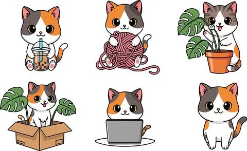 Cute Cartoon Calico Cats Doing Activities - Bubble Tea, Yarn, Plant, Box, L.. Stock Illustration