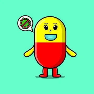 Cute cartoon capsule medicine using mask Illustrazione stock