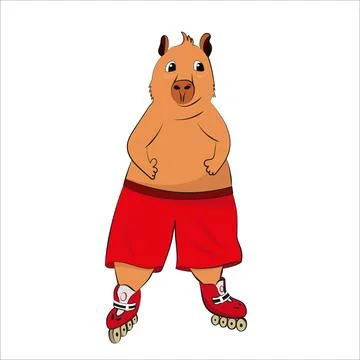 Cute cartoon capybara on rollers in red shorts. Sport vector illustration Stock Illustration