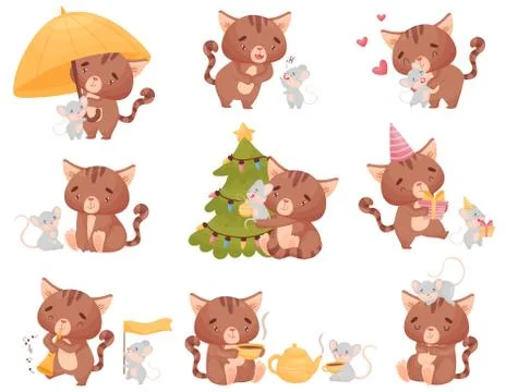 Cute cartoon cat and mouse in different situations. Vector illustration on white Stock Illustration