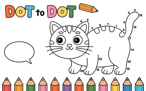 Cute cartoon cat dot to dot activity page with pencils Stock Illustration