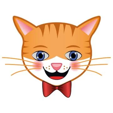 Cute Cartoon Cat Face with Bow Tie on Isolated White Background Stock Illustration