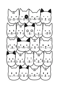 Cute Cartoon Cat Faces Pattern Hand Drawn Doodle 스톡 일러스트