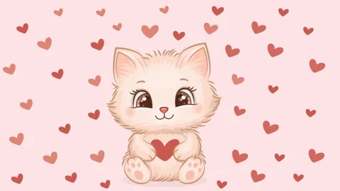 Cute cartoon cat with heart. Stock Footage 328609094