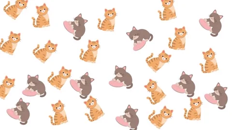Cute cartoon cat pattern with ginger tabby and grey kittens playing on white Stock-Footage 345539256