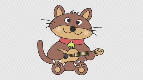 Cute cartoon cat playing ukulele in an alpha channel. Musical brown kitten chara Stock Footage 331643656