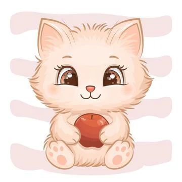 Cute cartoon cat with red apple. Stock Illustration