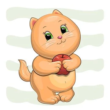 Cute cartoon cat with red apple. Stock Illustration