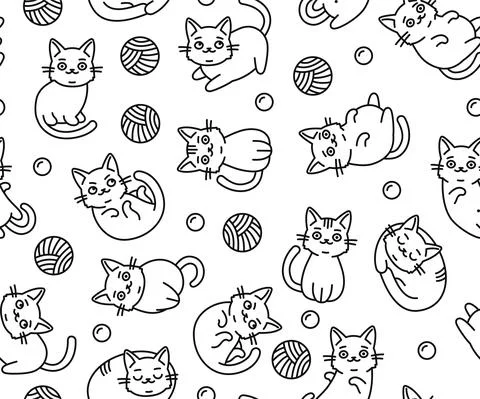 Cute Cartoon Cat Seamless Pattern on White Background. Vector Stock Illustration