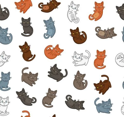 Cute Cartoon Cat Seamless Pattern on White Background. Vector Illustrazione stock