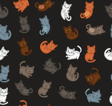Cute Cartoon Cat Seamless Pattern on Dark Background. Vector Stockillustratie