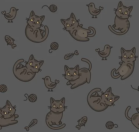 Cute Cartoon Cat Seamless Pattern on Dark Background. Vector Stockillustratie