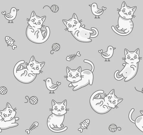 Cute Cartoon Cat Seamless Pattern on Light Background. Vector Stock Illustration