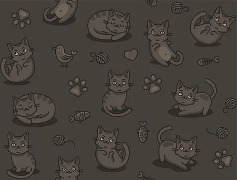 Cute Cartoon Cat Seamless Pattern on Dark Background. Vector Illustrazione stock