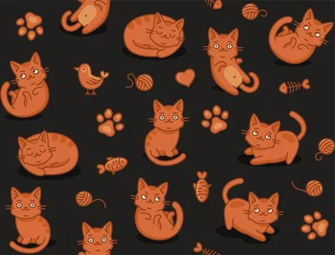 Cute Cartoon Cat Seamless Pattern on Dark Background. Vector Stock Illustration