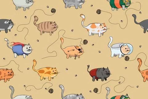 Cute Cartoon Cat, Seamless Pattern Stock Illustration