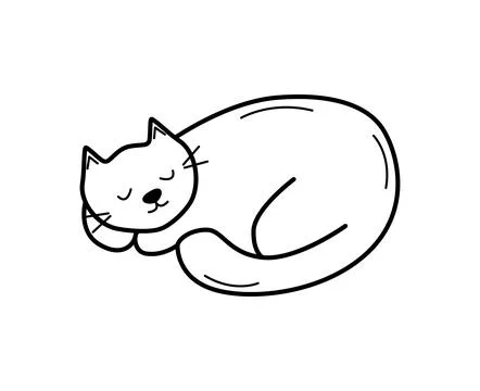 Cute cartoon cat is sleeping. Vector doodle illustration of a funny pet cat.  Stock Illustration