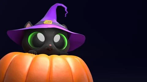 Cute cartoon cat in witch hat sits on pumpkin. Stock Illustration