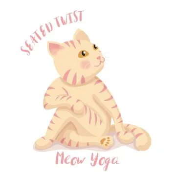 Cute cartoon cat in yoga pose meditation, a lotus position on white backgroun Stock Illustration