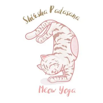 Cute cartoon cat in yoga pose meditation, a lotus position on white backgroun Stock Illustration