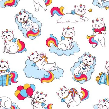 Cute cartoon caticorn seamless pattern, background イラスト素材