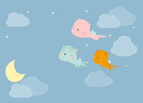 Cute Cartoon Cats flying on the Sky.Pet Cartoon Hand Drawn Stock Illustration