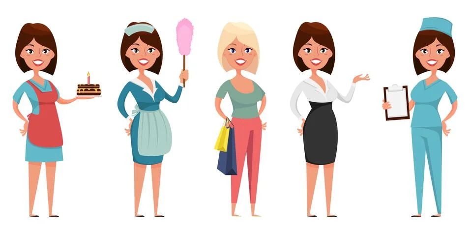 Cute cartoon character in different situations. Housewife, maid, shopper, bus Stock Illustration