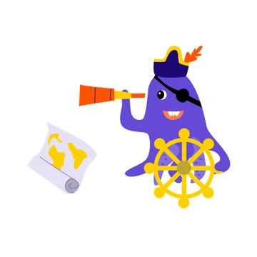 Cute cartoon character octopus captain - pirate Stock Illustration