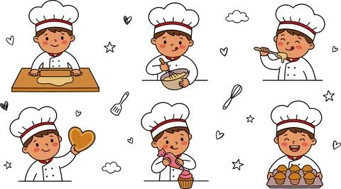 Cute Cartoon Chef Baking Set - Kids Cooking and Preparing Delicious Treats. Stock Illustration