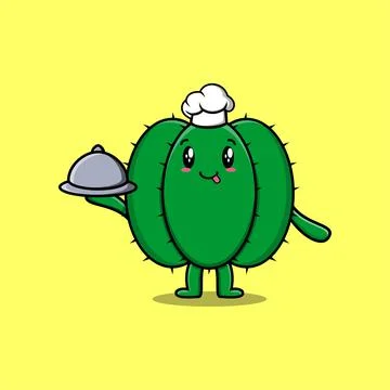 Cute Cartoon chef cactus serving food on tray Stock Illustration