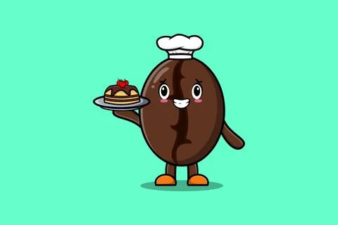 Cute Cartoon chef Coffee bean serving cake on tray Stock Illustration