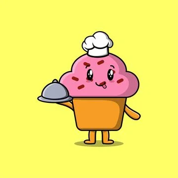 Cute Cartoon chef Cupcake serving food on tray Stock Illustration